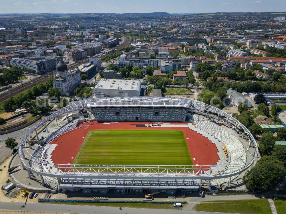 Dresden from above - Sports facility area of the stadium Heinz-Steyer-Stadion on the street Pieschener Allee in the district of Friedrichstadt in Dresden in the federal state of Saxony, Germany