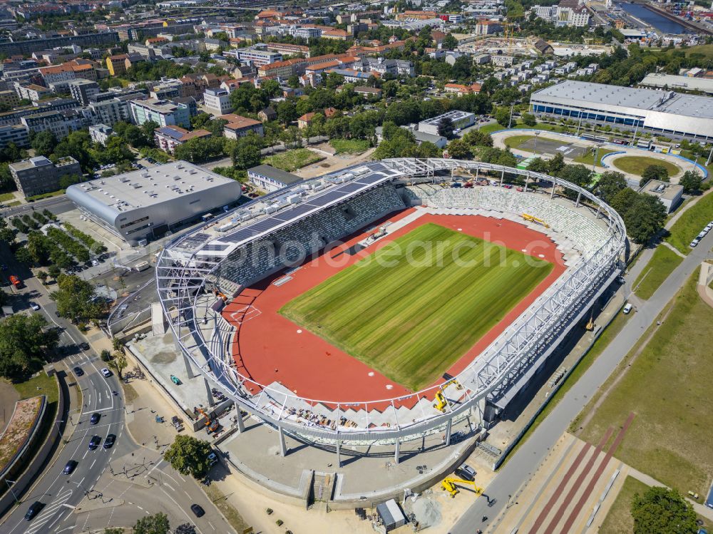 Dresden from the bird's eye view: Sports facility area of the stadium Heinz-Steyer-Stadion on the street Pieschener Allee in the district of Friedrichstadt in Dresden in the federal state of Saxony, Germany