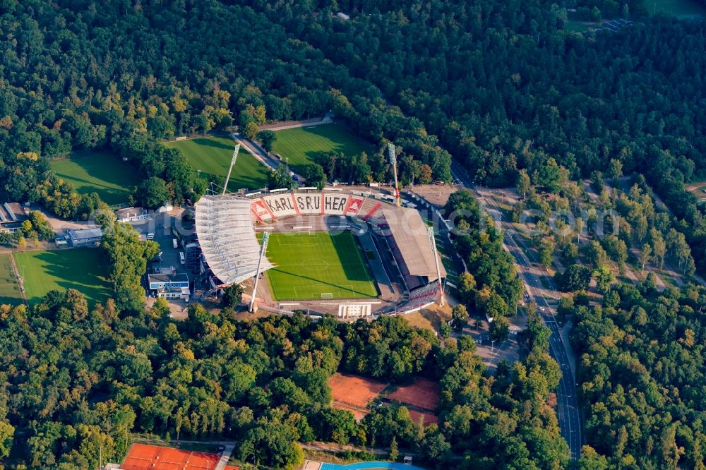 Aerial photograph Karlsruhe - Sports facility grounds of stadium KSC Wildparkstadion in Karlsruhe in the state Baden-Wurttemberg, Germany