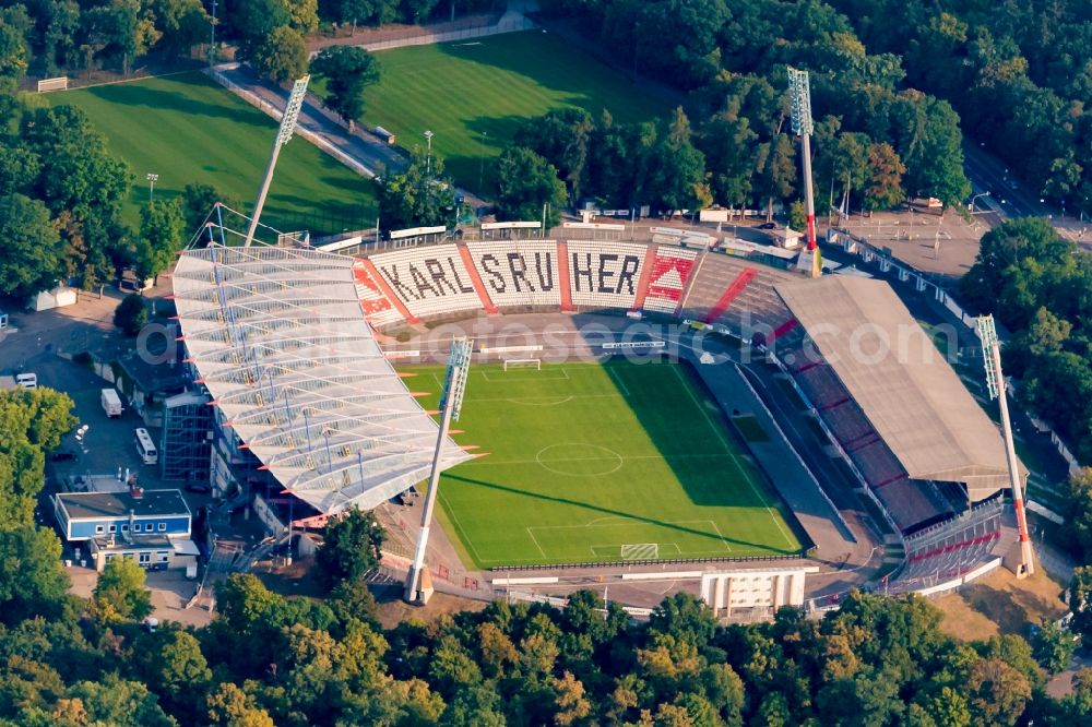 Karlsruhe from above - Sports facility grounds of stadium KSC Wildparkstadion in Karlsruhe in the state Baden-Wurttemberg, Germany