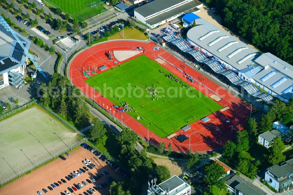 Rostock from the bird's eye view: Sports site area of the stadium of the 1. Leichtathletikverein Rostock e.V. in Rostock in the federal state Mecklenburg-West Pomerania, Germany