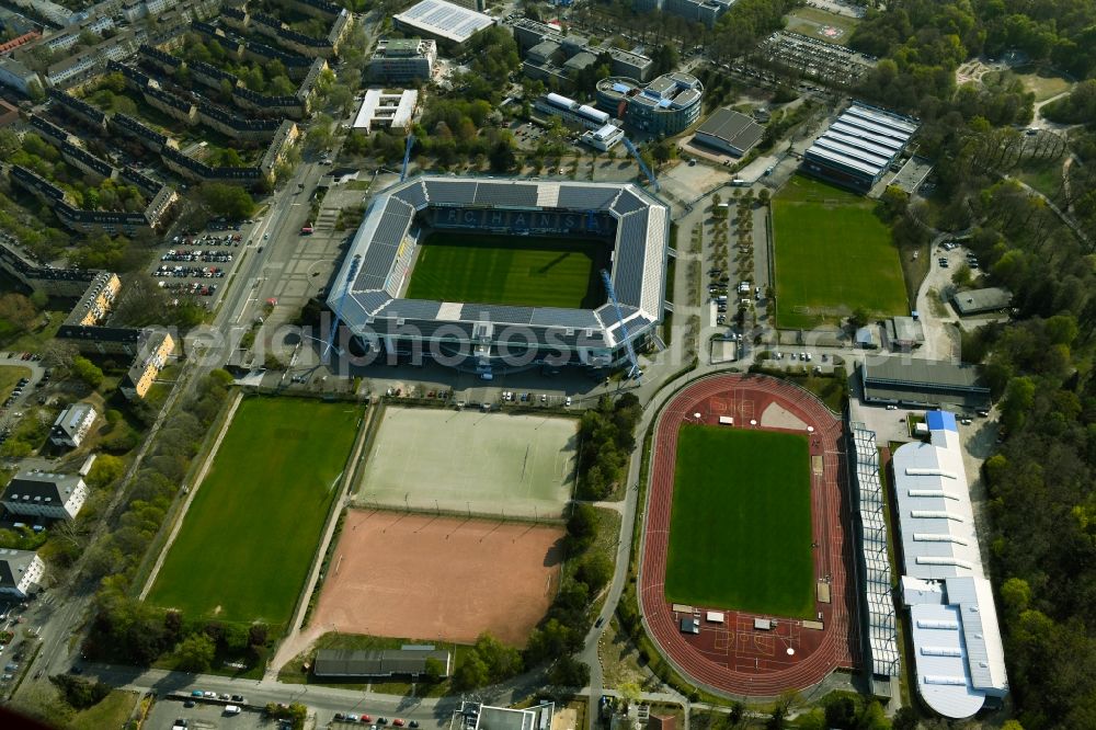 Rostock from above - Sports site area of the stadium of the 1. Leichtathletikverein Rostock e.V. in Rostock in the federal state Mecklenburg-West Pomerania, Germany