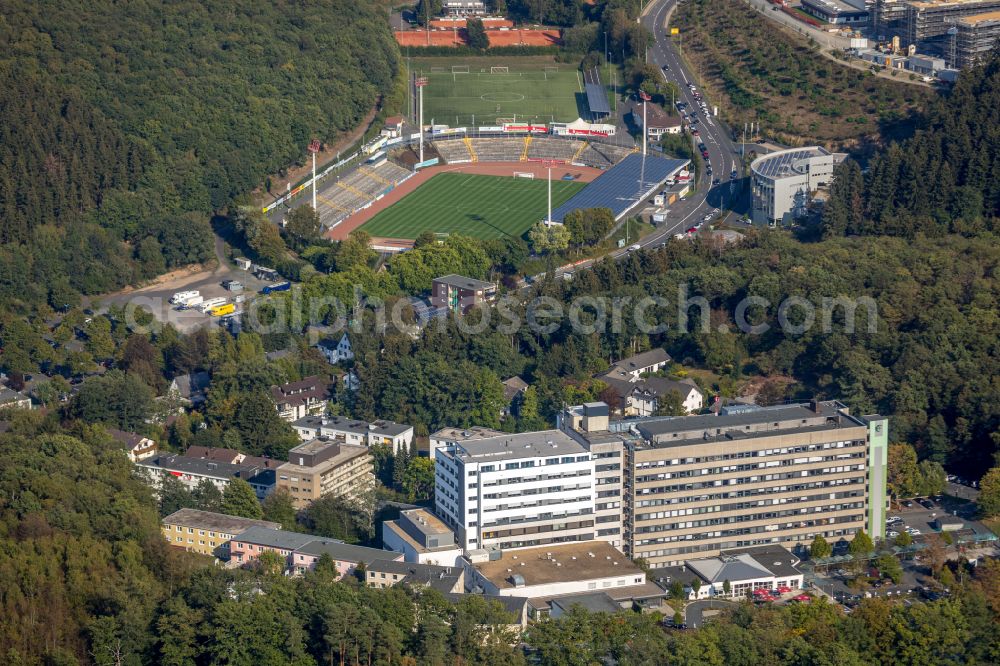 Aerial photograph Siegen - Sports facility grounds of stadium Leimbachstadion in Siegen at Siegerland in the state North Rhine-Westphalia, Germany