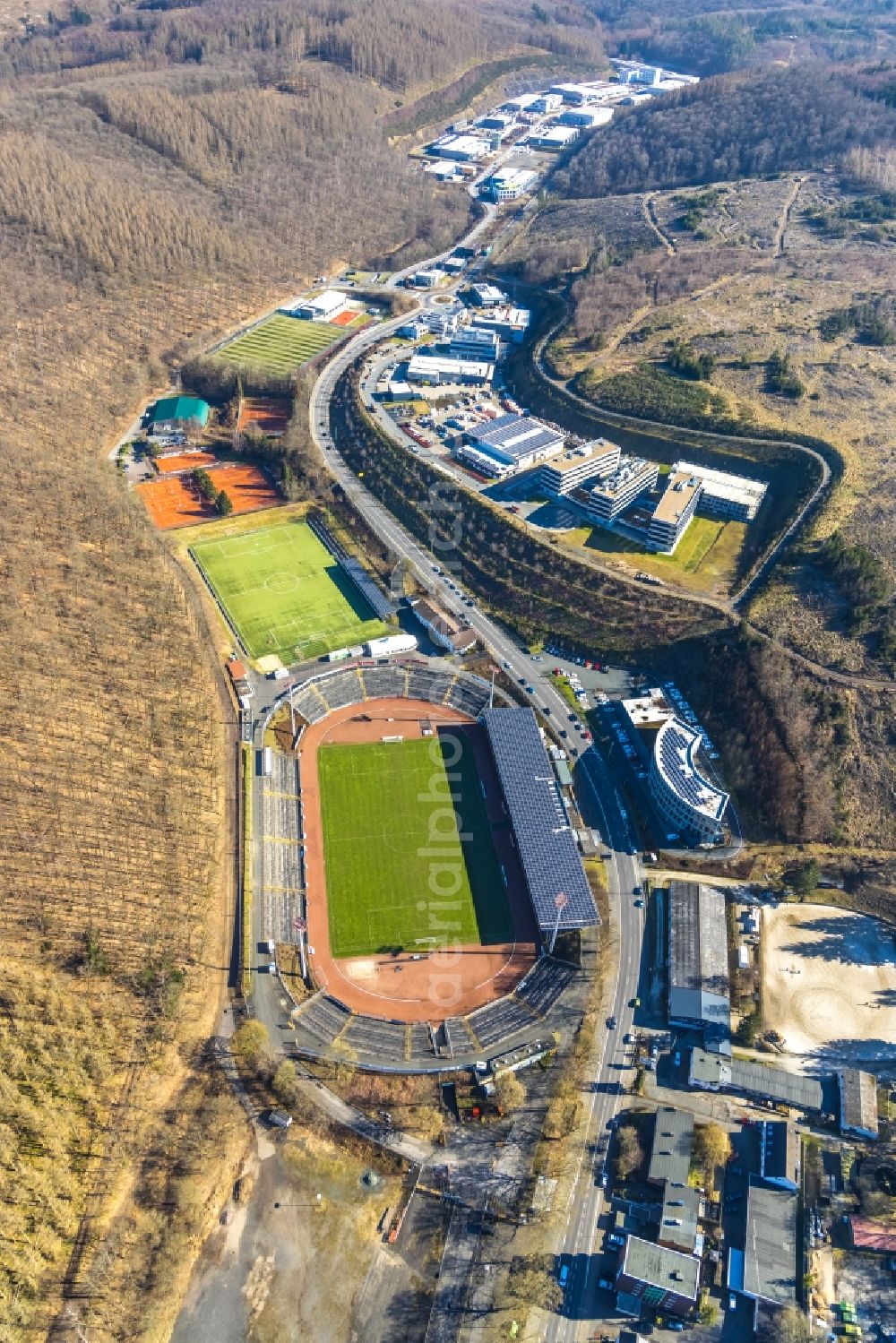 Siegen from the bird's eye view: Sports facility grounds of stadium Leimbachstadion in Siegen at Siegerland in the state North Rhine-Westphalia, Germany