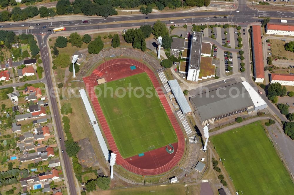 Brandenburg an der Havel from the bird's eye view: Sports facility grounds of the Arena stadium Quenz in Brandenburg an der Havel in the state Brandenburg