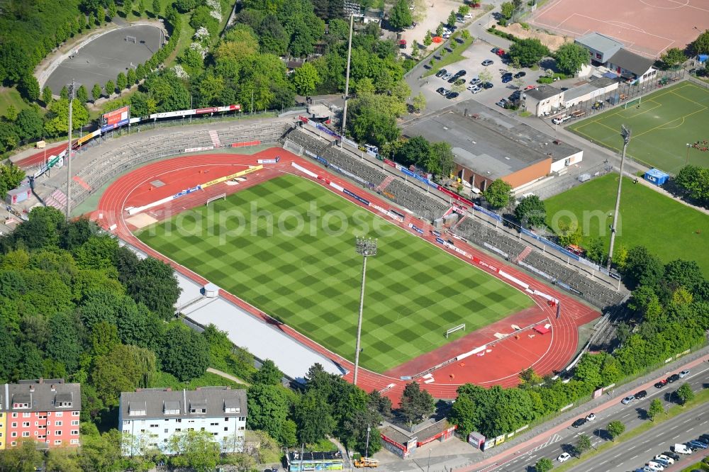 Köln from above - Sports facility grounds of stadium Suedstadion along the Vorgebirgstrasse in the district Rodenkirchen in Cologne in the state North Rhine-Westphalia, Germany