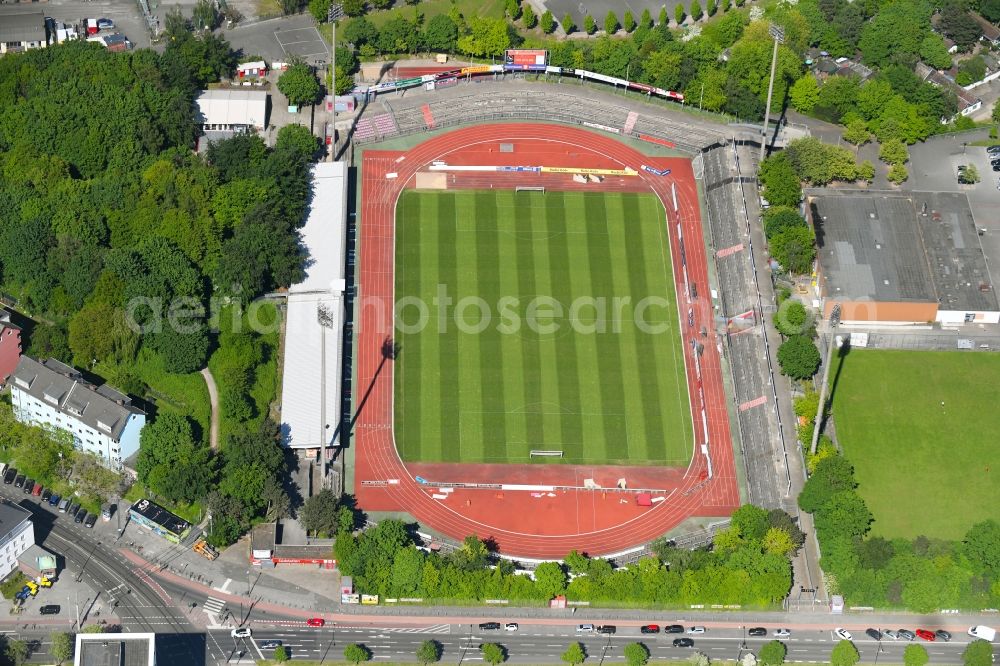 Köln from the bird's eye view: Sports facility grounds of stadium Suedstadion along the Vorgebirgstrasse in the district Rodenkirchen in Cologne in the state North Rhine-Westphalia, Germany