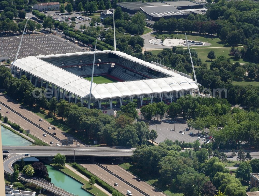 Reims from above - Sports facility grounds of stadium Stade Auguste-Delaune in Reims in Grand Est, France