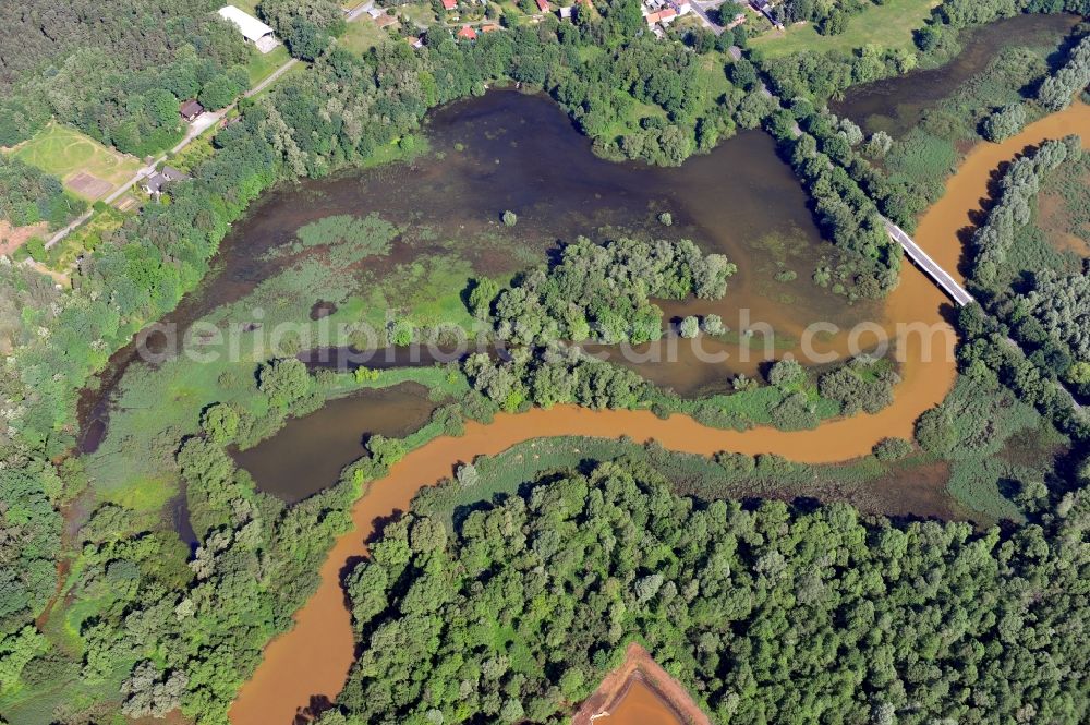 Spremberg OT Bühlow from the bird's eye view: Inflow between the Buehlow barrage and the Spremberg dam in the state Brandenburg