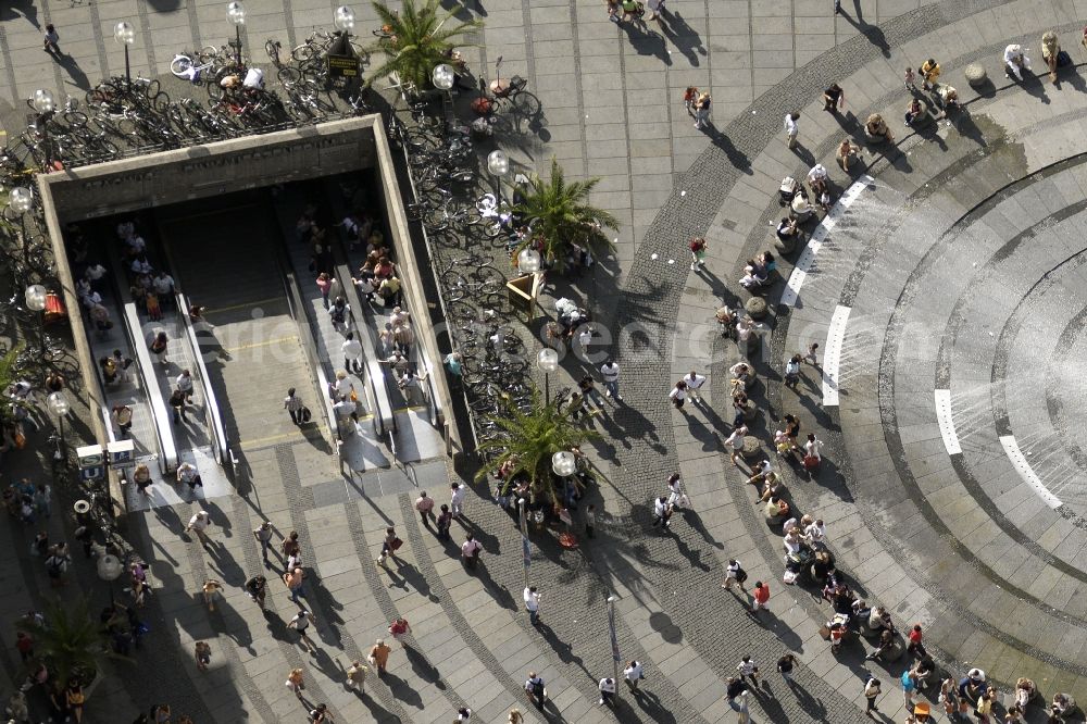 München from above - The fountains and water games at the Munich Karlsplatz