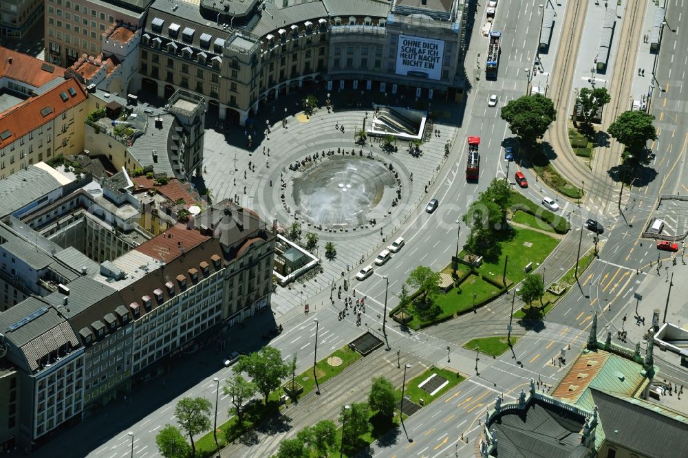 Aerial image München - The fountains and water games at the Munich Karlsplatz