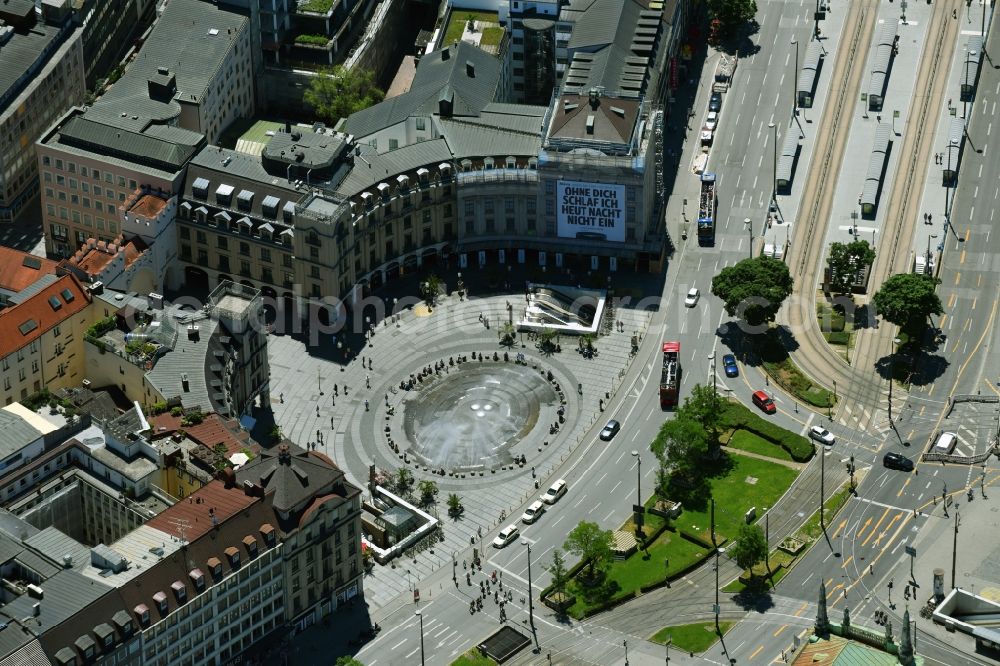 München from above - The fountains and water games at the Munich Karlsplatz