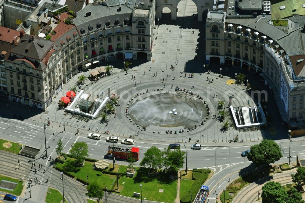 Aerial image München - The fountains and water games at the Munich Karlsplatz