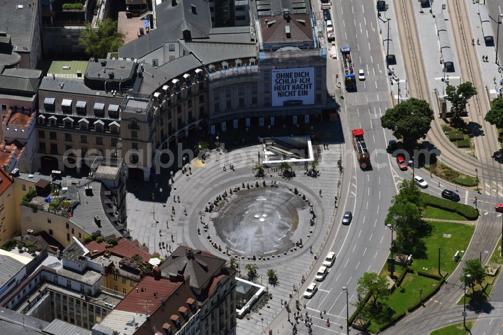 Aerial photograph München - The fountains and water games at the Munich Karlsplatz