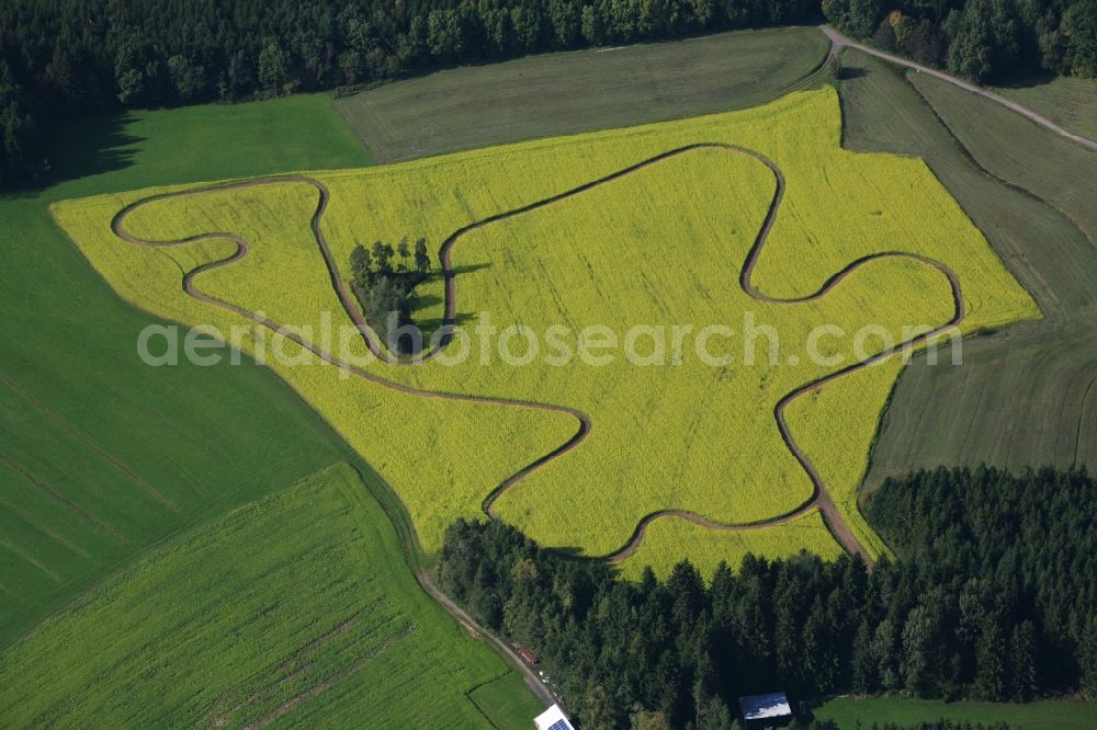 Bonndorf im Schwarzwald from above - Yellow flowering rapeseed field with trace in a closed loop near Bonndorf in the Black Forest in the state Baden-Wuerttemberg, Germany