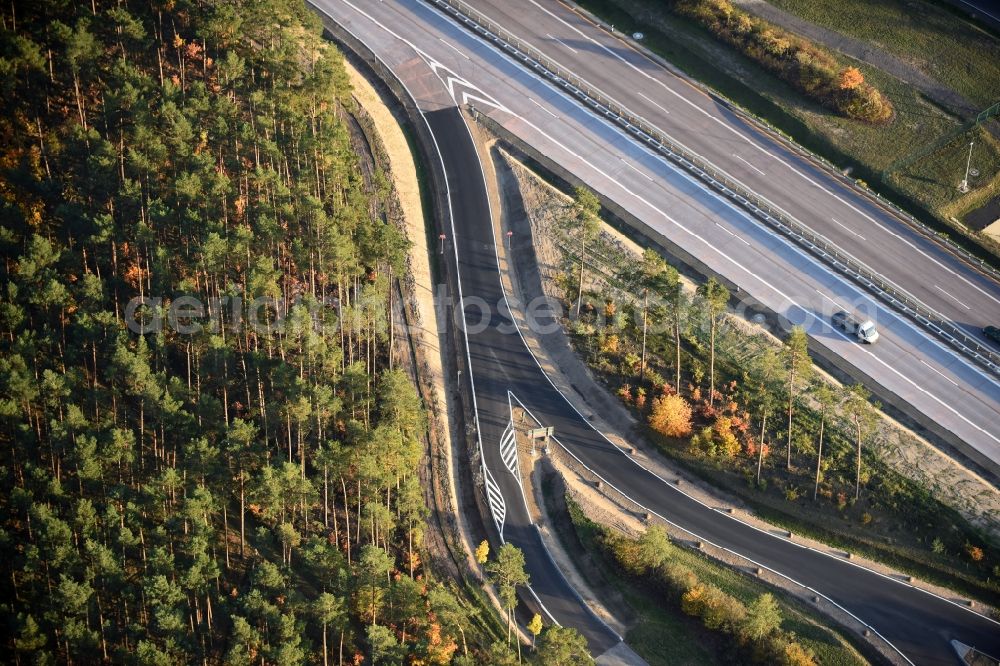 Aerial image Spreenhagen - Track construction on the Routing and traffic lanes during the motorway service station and parking lot of the BAB A 12 E30 fuer LKW Lastkraftfahrzeuge im Gueterverkehr in Spreenhagen in the state Brandenburg