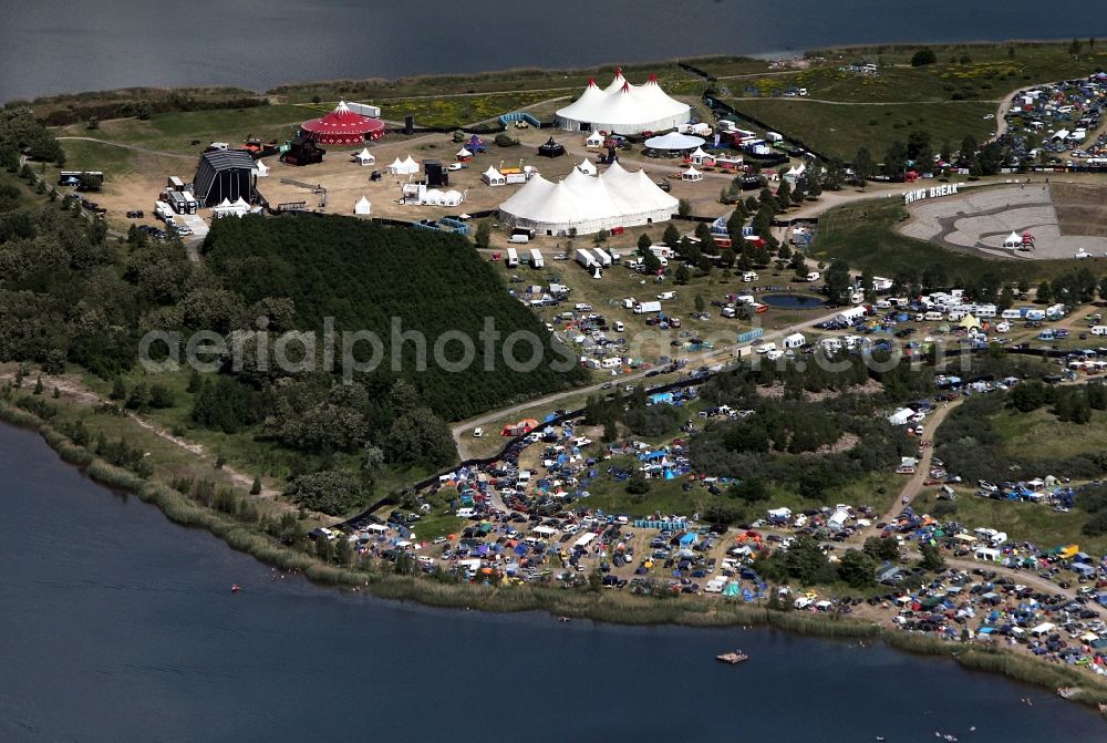 Aerial image Muldestausee - Sputnik Spring Break 2012 Festival on the Pouch peninsula in the town of Muldestausee in Saxony-Anhalt