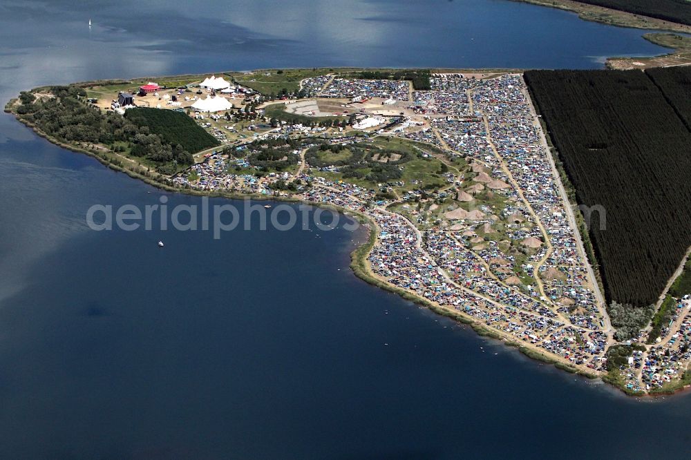 Aerial image Muldestausee - Sputnik Spring Break 2012 Festival on the Pouch peninsula in the town of Muldestausee in Saxony-Anhalt