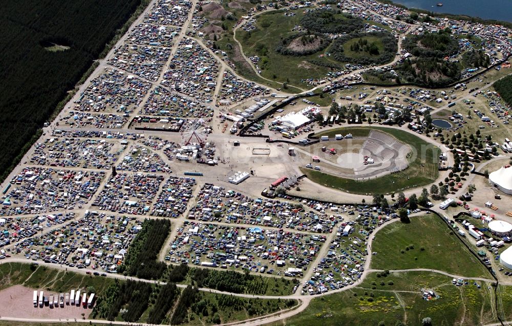 Aerial image Muldestausee - Sputnik Spring Break 2012 Festival on the Pouch peninsula in the town of Muldestausee in Saxony-Anhalt