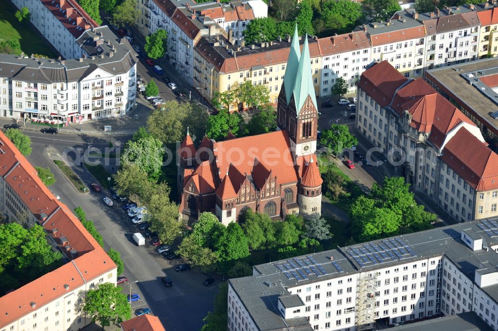 Berlin from the bird's eye view: St. Antonius and St. Shenouda Church on the Roedeliusplatz, former Faith Church, of the Coptic community in Berlin Lichtenberg