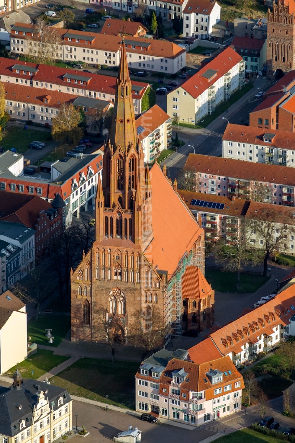 Demmin from above - View of the church St. Bartholomaei in Demmin in the state Mecklenburg-West Pomerania