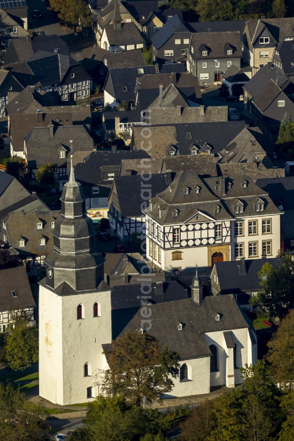Meschede OT Eversberg from above - View of the church St. Johannes Evangelist in the district Eversberg in Meschede in the state North Rhine-Westphalia