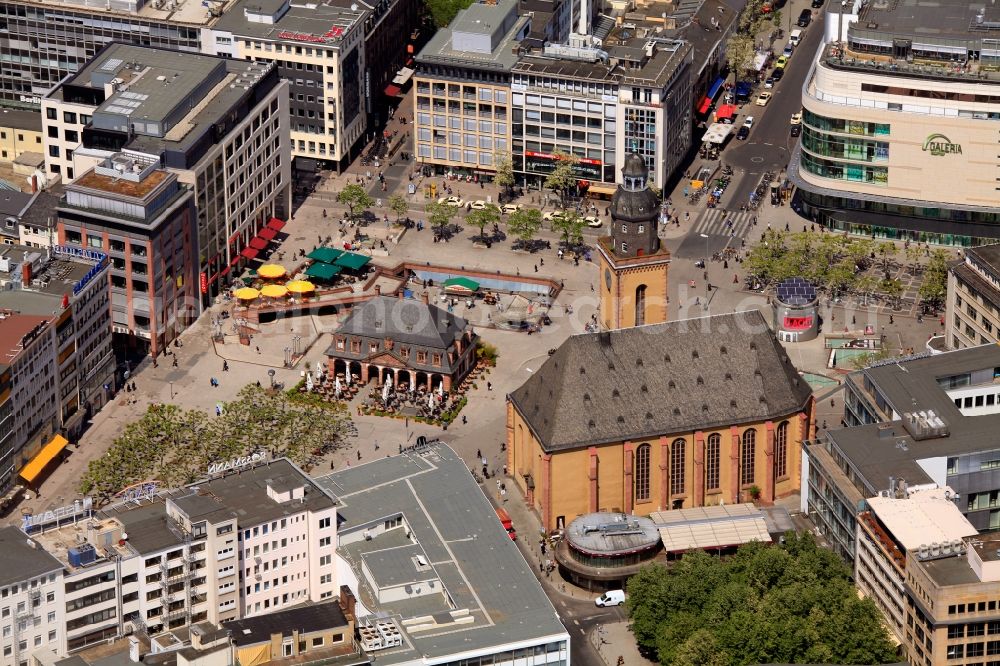 Frankfurt am Main from above - View of the St.-Katharinenkirche and the Hauptwache, now a café in Frankfurt am Main in Hesse. Both buildings are located on the square An der Hauptwache in the center of Frankfurt