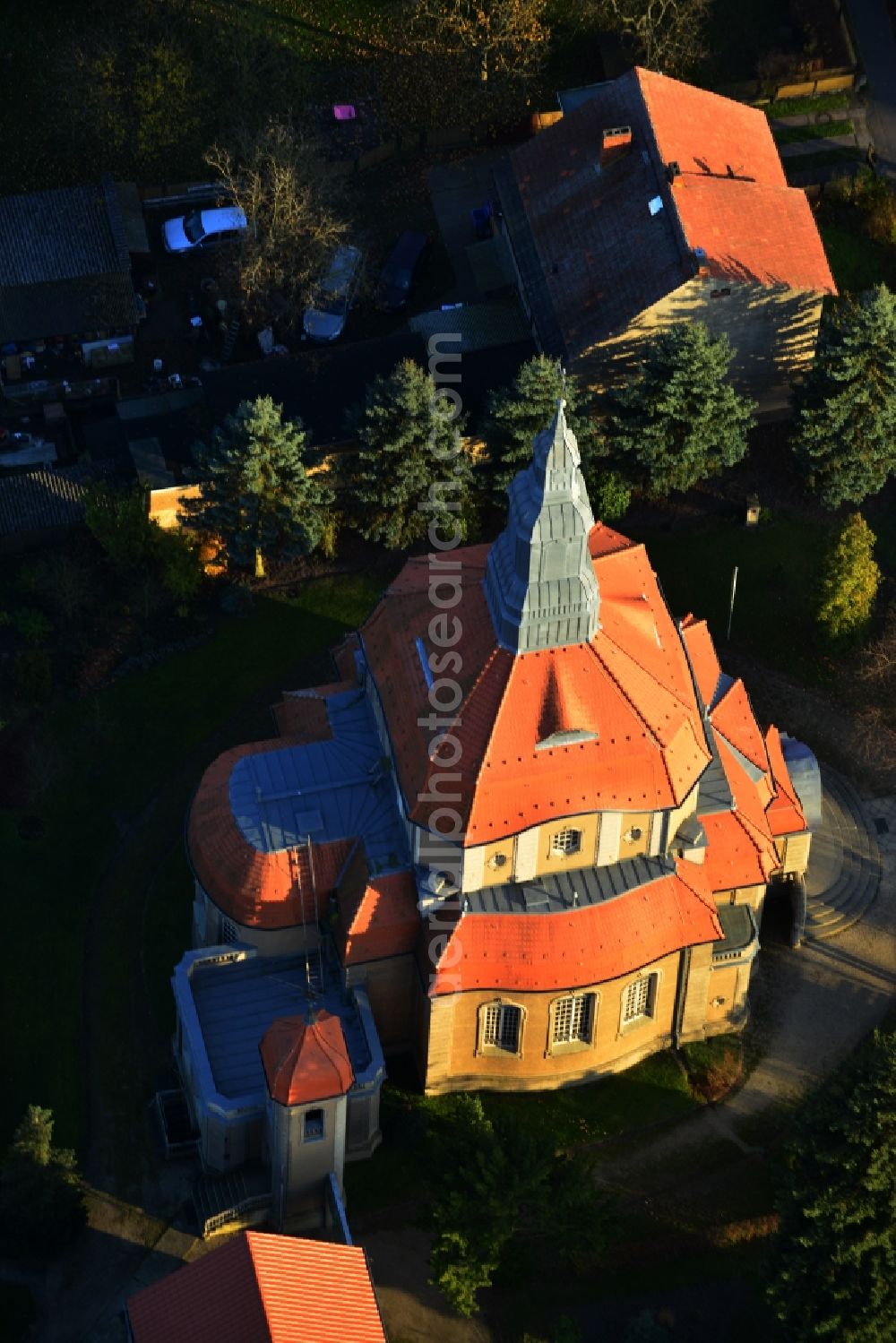 Aerial image Biesenthal - Saint Marien church at the Bahnhofstrasse in Biesenthal in Brandenburg