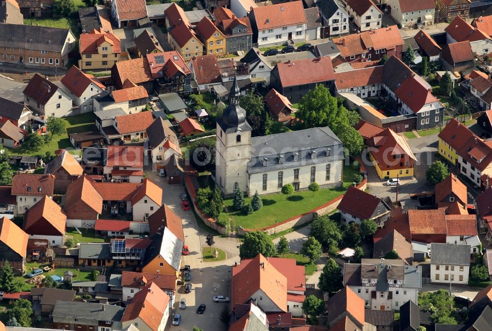 Aerial image Crawinkel - The St. Mary's Church in Crawinkel in Thuringia the distinct landmark in the center of the community. The Baroque-style church was built in the early 17th century