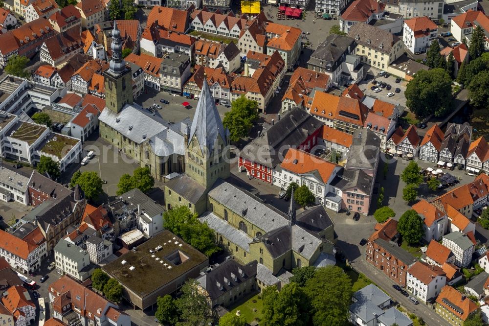 Soest from above - St. Patroclus Cathedral and Church of St. Peter at the Wilhelm-Morgner-Haus in the center of the old town in Soest in North Rhine-Westphalia