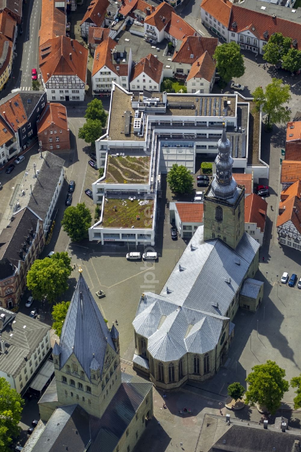 Soest from above - St. Patroclus Cathedral and Church of St. Peter at the Wilhelm-Morgner-Haus in the center of the old town in Soest in North Rhine-Westphalia