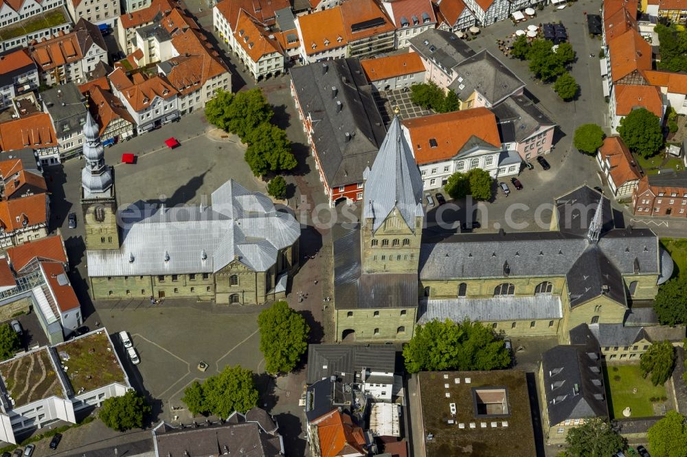 Soest from above - St. Patroclus Cathedral and Church of St. Peter at the Wilhelm-Morgner-Haus in the center of the old town in Soest in North Rhine-Westphalia