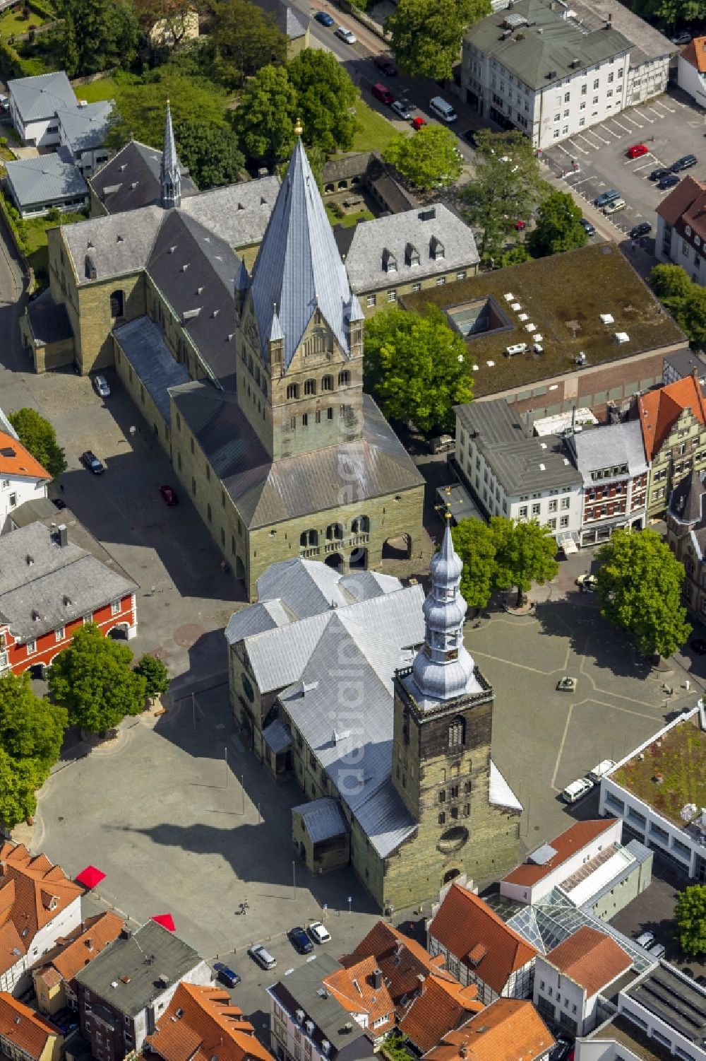 Soest from above - St. Patroclus Cathedral and Church of St. Peter at the Wilhelm-Morgner-Haus in the center of the old town in Soest in North Rhine-Westphalia