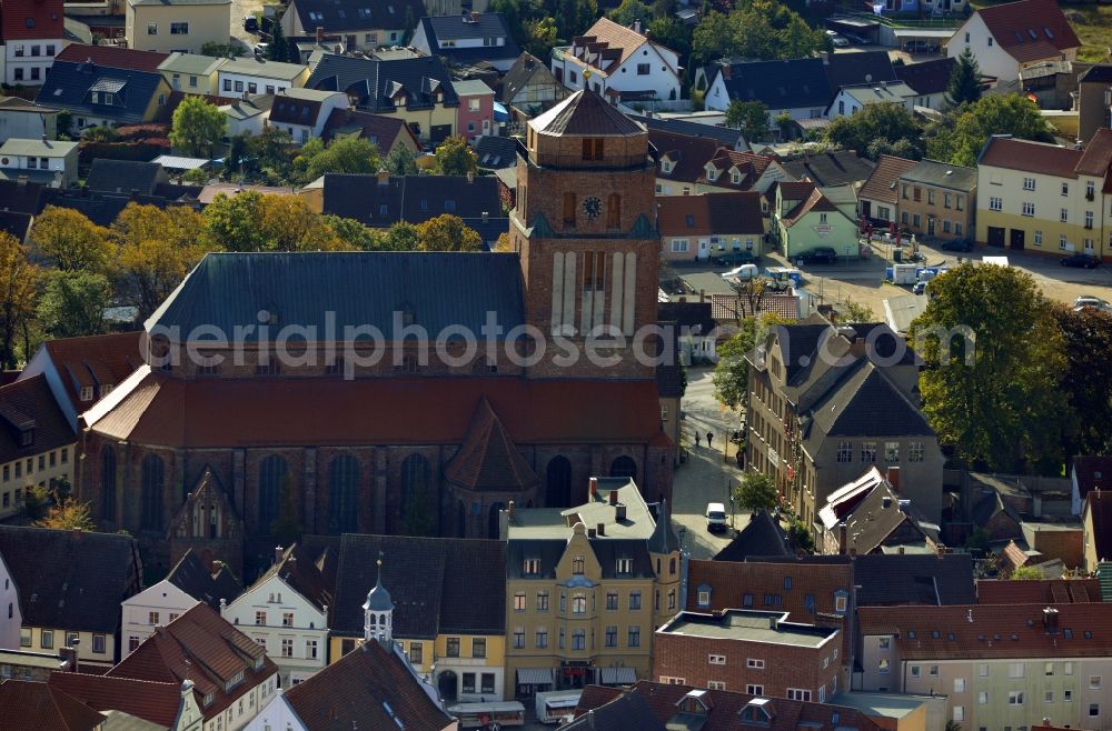 Wolgast from the bird's eye view: View of the St.Petri Church in Wolgast in the state Mecklenburg-Vorpommern. The evangelical church was mostly destroyed in consequence of consequences of the war and storm several times