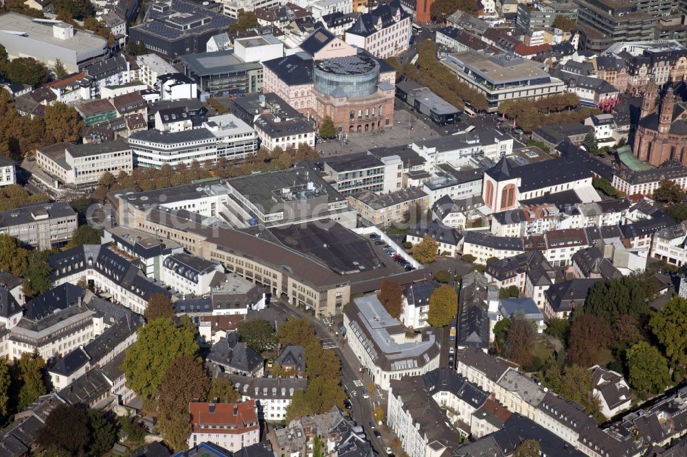 Mainz from above - View of the State Theatre in Mainz in Rhineland-Palatinate, in front of it the Gutenberg Square and the Protestant parish church of Saint John