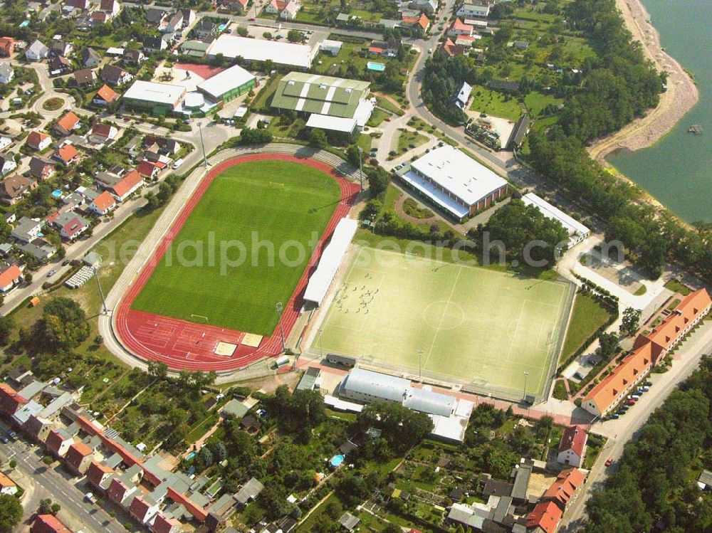 Aerial photograph Sandersdorf/ Bitterfeld - Blick auf Stadien von San dersdorf bei Bitterfeld. Zscherndorfer Strasse 15, 06792 San dersdorf