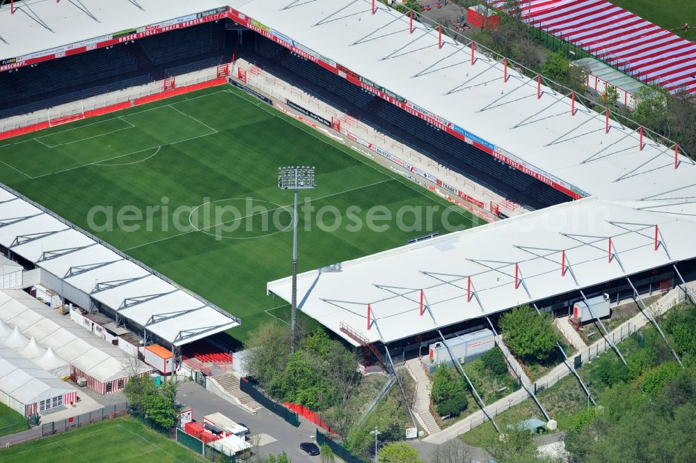 Berlin from the bird's eye view: View the stadium Old Foresterin Berlin-Köpenick, it is with a capacity of 18 100 spectators (of which 16 600 standing and 1,500 covered seats), the largest pure football stadium in Berlin