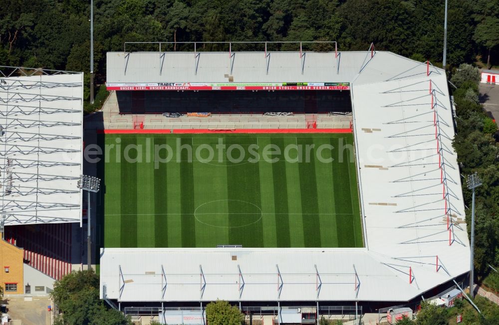 Aerial photograph Berlin - View of the stadium Alte Foersterei with its new grandstand in Berlin - Koepenick. The pitch is homestead for the football games of FC Union Berlin