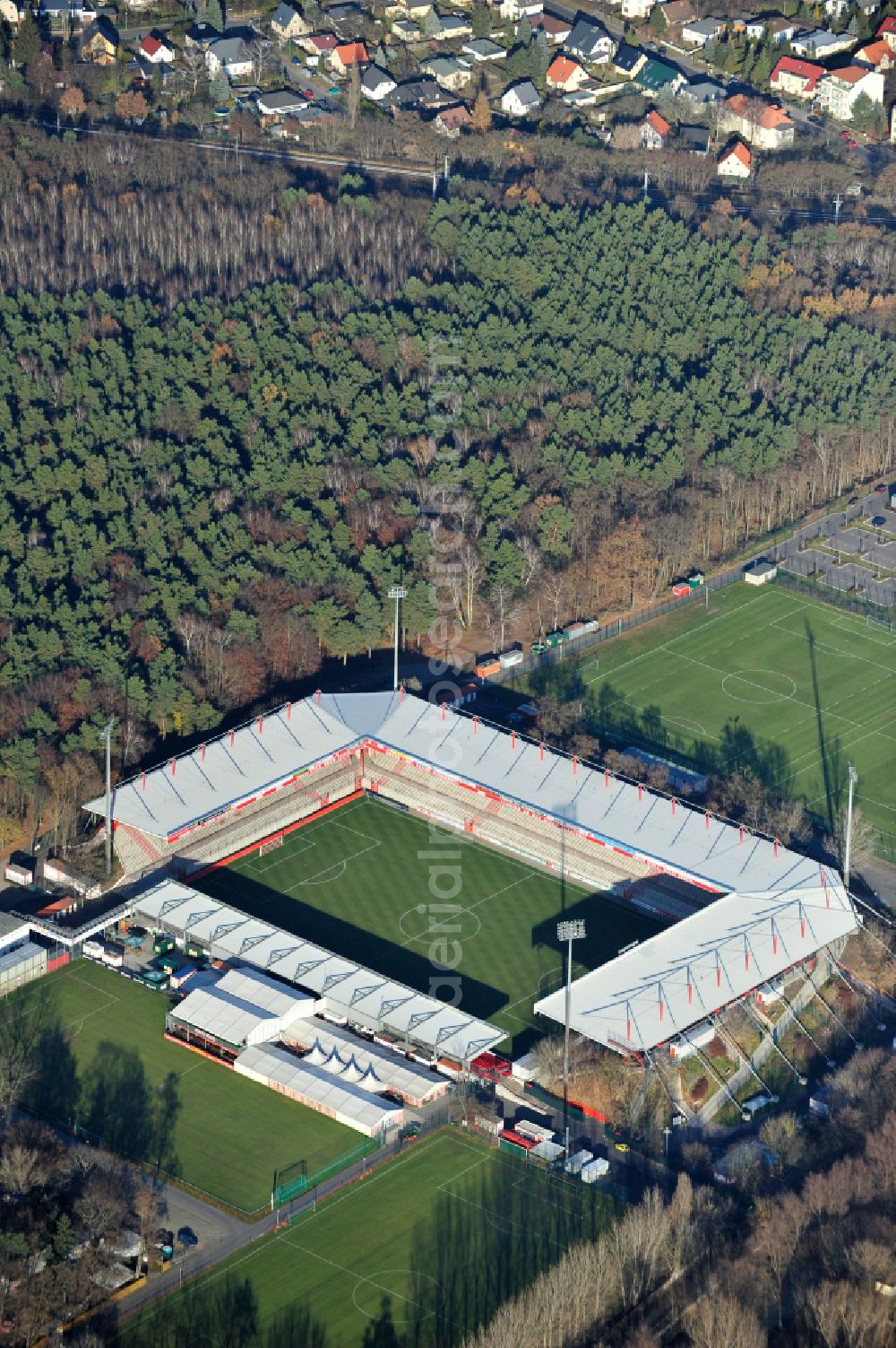 Berlin from the bird's eye view: View of the football stadium Alte Foersterei with its new grandstand the district of Koepenick in Berlin. The pitch is homestead for the football games of FC Union Berlin