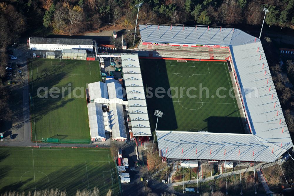 Aerial photograph Berlin - View of the football stadium Alte Foersterei with its new grandstand the district of Koepenick in Berlin. The pitch is homestead for the football games of FC Union Berlin