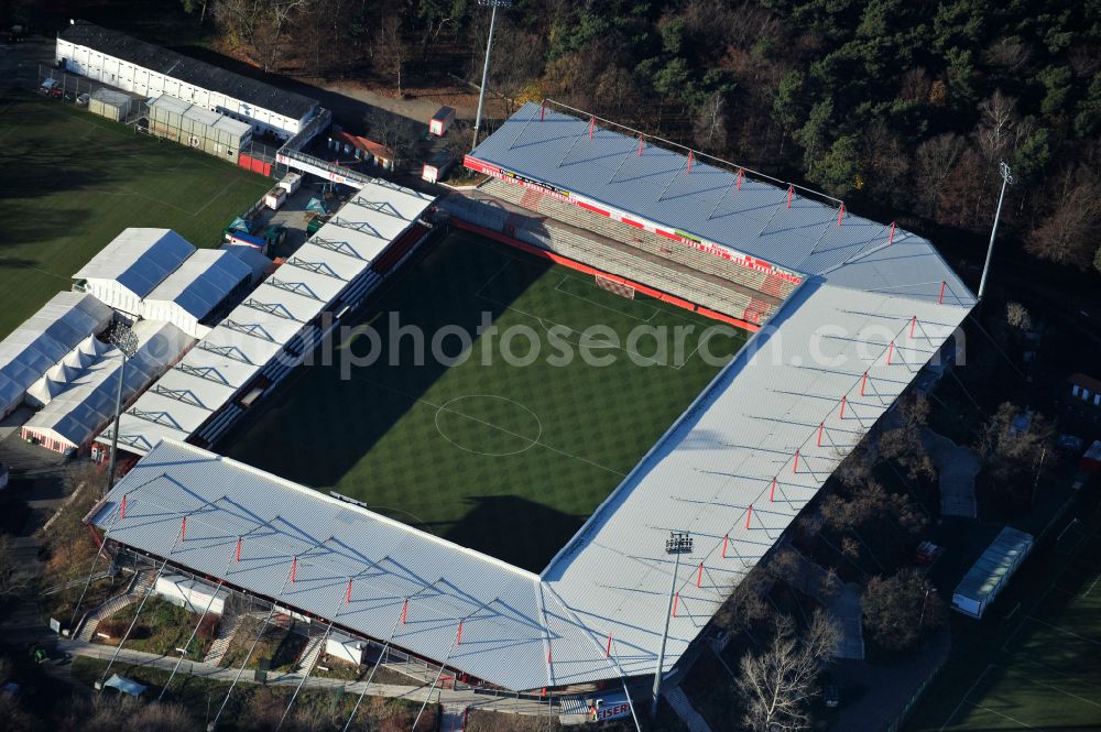 Aerial image Berlin - View of the football stadium Alte Foersterei with its new grandstand the district of Koepenick in Berlin. The pitch is homestead for the football games of FC Union Berlin