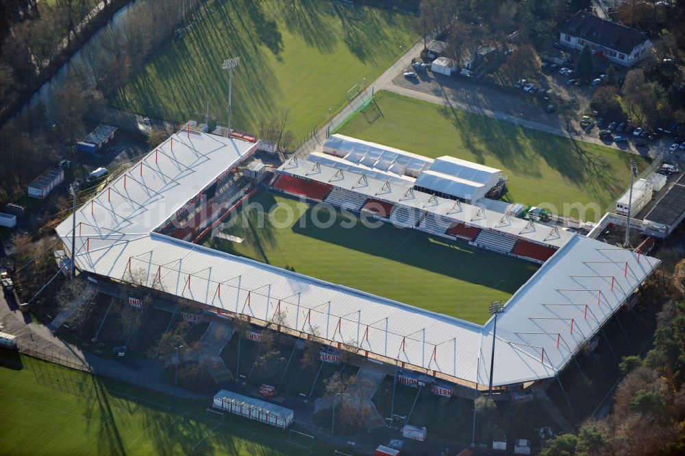 Aerial photograph Berlin - View of the football stadium Alte Foersterei with its new grandstand the district of Koepenick in Berlin. The pitch is homestead for the football games of FC Union Berlin