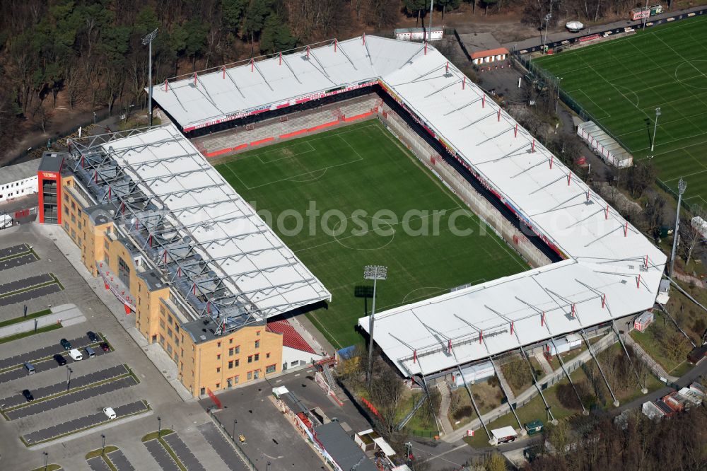 Berlin from above - View of the football stadium Alte Foersterei with its new grandstand the district of Koepenick in Berlin. The pitch is homestead for the football games of FC Union Berlin