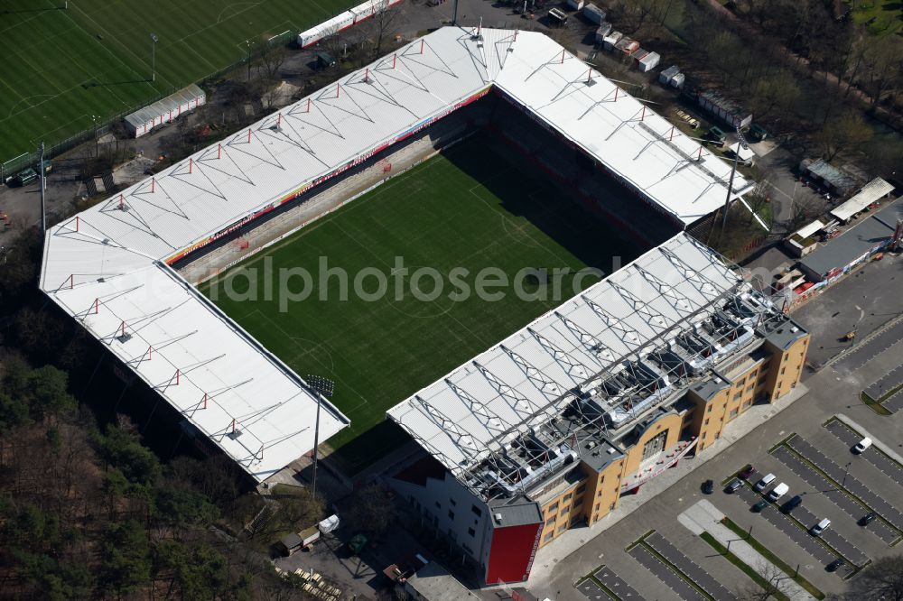 Aerial image Berlin - View of the football stadium Alte Foersterei with its new grandstand the district of Koepenick in Berlin. The pitch is homestead for the football games of FC Union Berlin