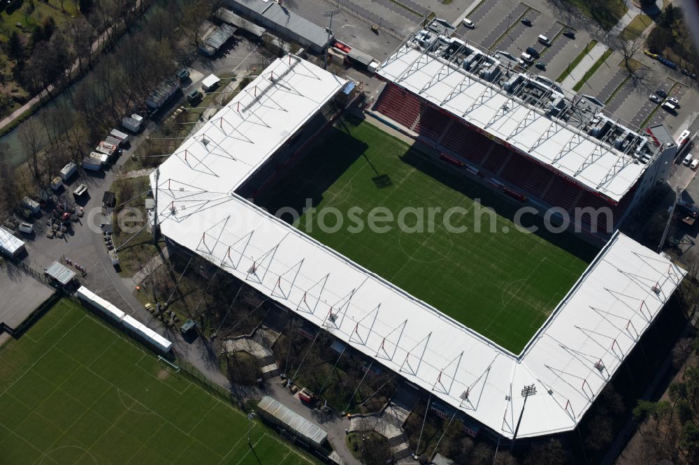 Berlin from above - View of the football stadium Alte Foersterei with its new grandstand the district of Koepenick in Berlin. The pitch is homestead for the football games of FC Union Berlin