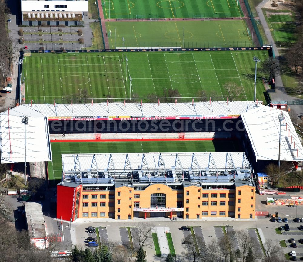 Aerial photograph Berlin - View of the football stadium Alte Foersterei with its new grandstand the district of Koepenick in Berlin. The pitch is homestead for the football games of FC Union Berlin