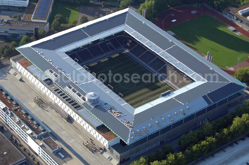 Aerial image Bern - Das Stadion Stade de Suisse Wankdorf Bern steht im Wankdorfquartier der Stadt in der Schweiz. Die Arena ist Heimstatt des Berner Fussballvereins BSC Young Boys (YB) und wurde durch die Baufirma Marazzi Generalunternehmung ( heute Losinger Construction AG) und die Baltensperger AG errichtet.