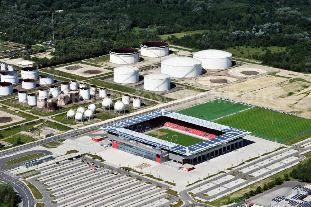 Ingolstadt from above - Fußballstadion Audi Sportpark auf dem ehemaligen Bayernoil-Gelände in Ingolstadt / Bayern. Das Stadion ist Heimspielstätte des FC Ingolstadt 04. Stadium Audi Sportpark in Ingolstadt / Bavaria.