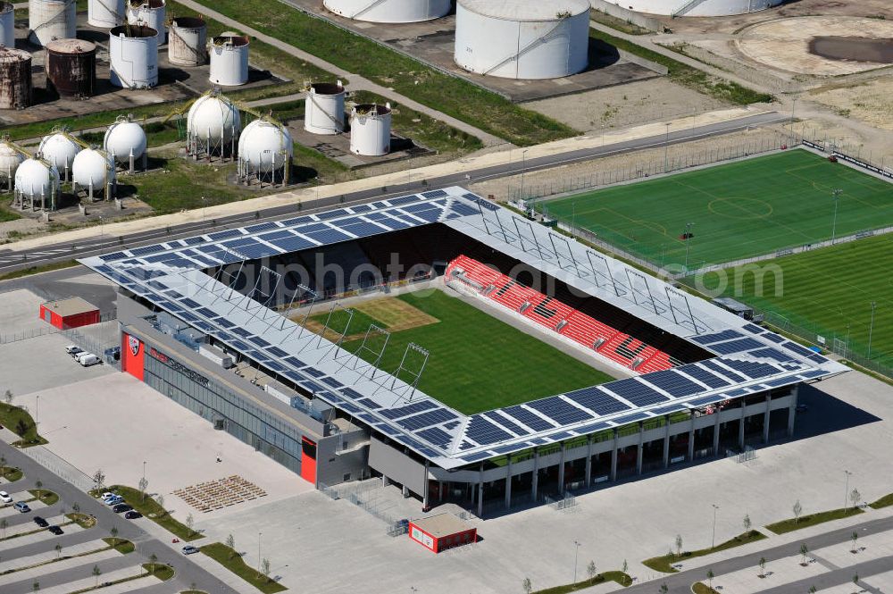 Aerial image Ingolstadt - Fußballstadion Audi Sportpark auf dem ehemaligen Bayernoil-Gelände in Ingolstadt / Bayern. Das Stadion ist Heimspielstätte des FC Ingolstadt 04. Stadium Audi Sportpark in Ingolstadt / Bavaria.