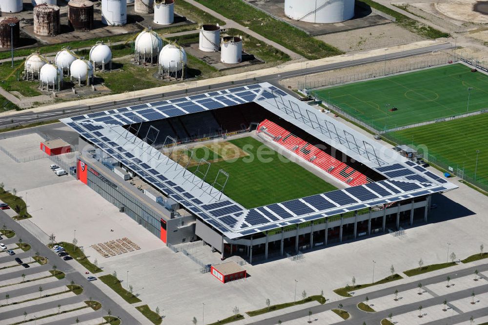 Ingolstadt from above - Fußballstadion Audi Sportpark auf dem ehemaligen Bayernoil-Gelände in Ingolstadt / Bayern. Das Stadion ist Heimspielstätte des FC Ingolstadt 04. Stadium Audi Sportpark in Ingolstadt / Bavaria.